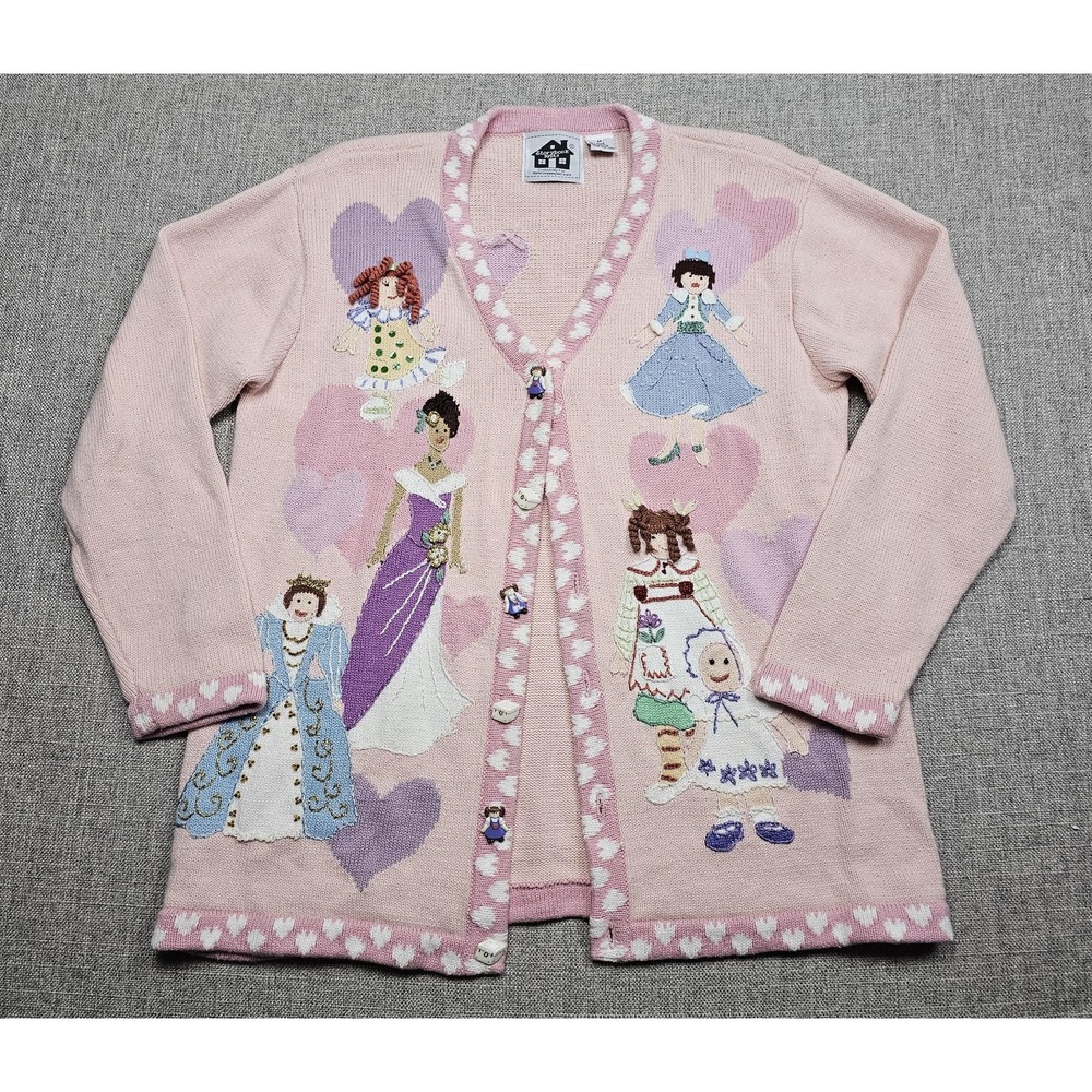 VINTAGE Storybook Knits Sweater Womens Medium Princess Doll Cardigan Sequin